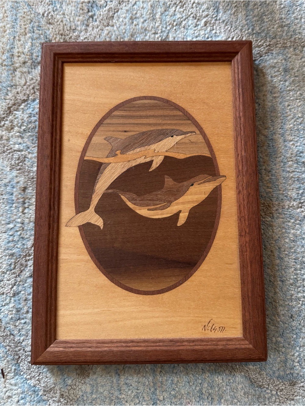 Wood Inlay Dolphins Hudson River Marquetry by Jeff Nelson Framed Art